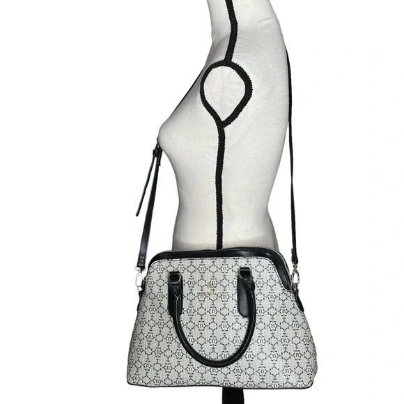 Nanette Lepore Gray Black Logo Print Zip Top Dome Satchel Crossbody Bag - Picture 12 of 13